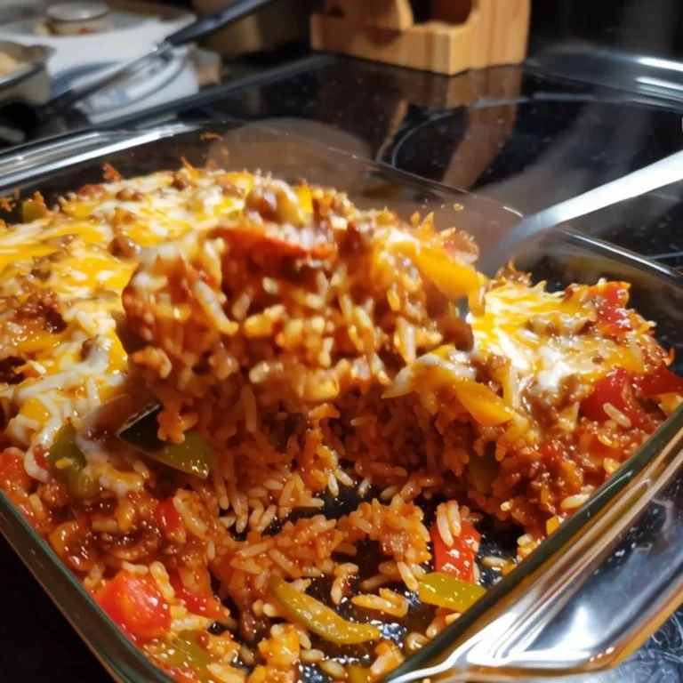 Colorful stuffed pepper casserole dish with rice and spices