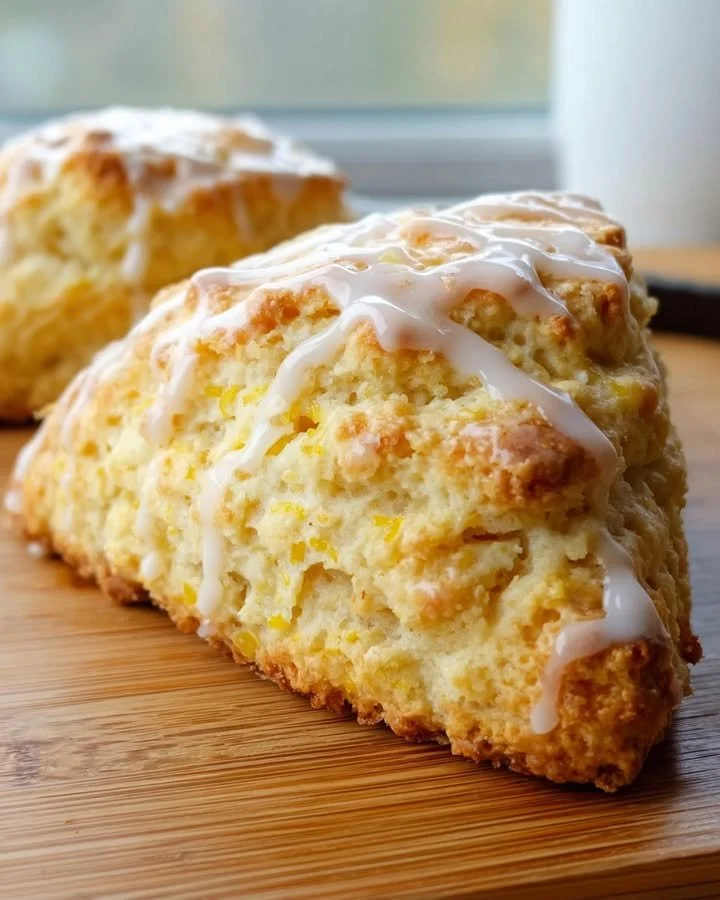 Delicious lemon glazed scones drizzled with citrus glaze on a white plate.