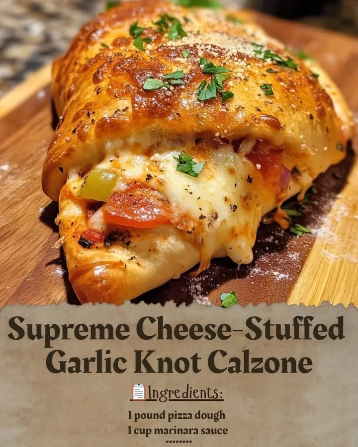 Supreme Cheese-Stuffed Garlic Knot Calzone baked to perfection.