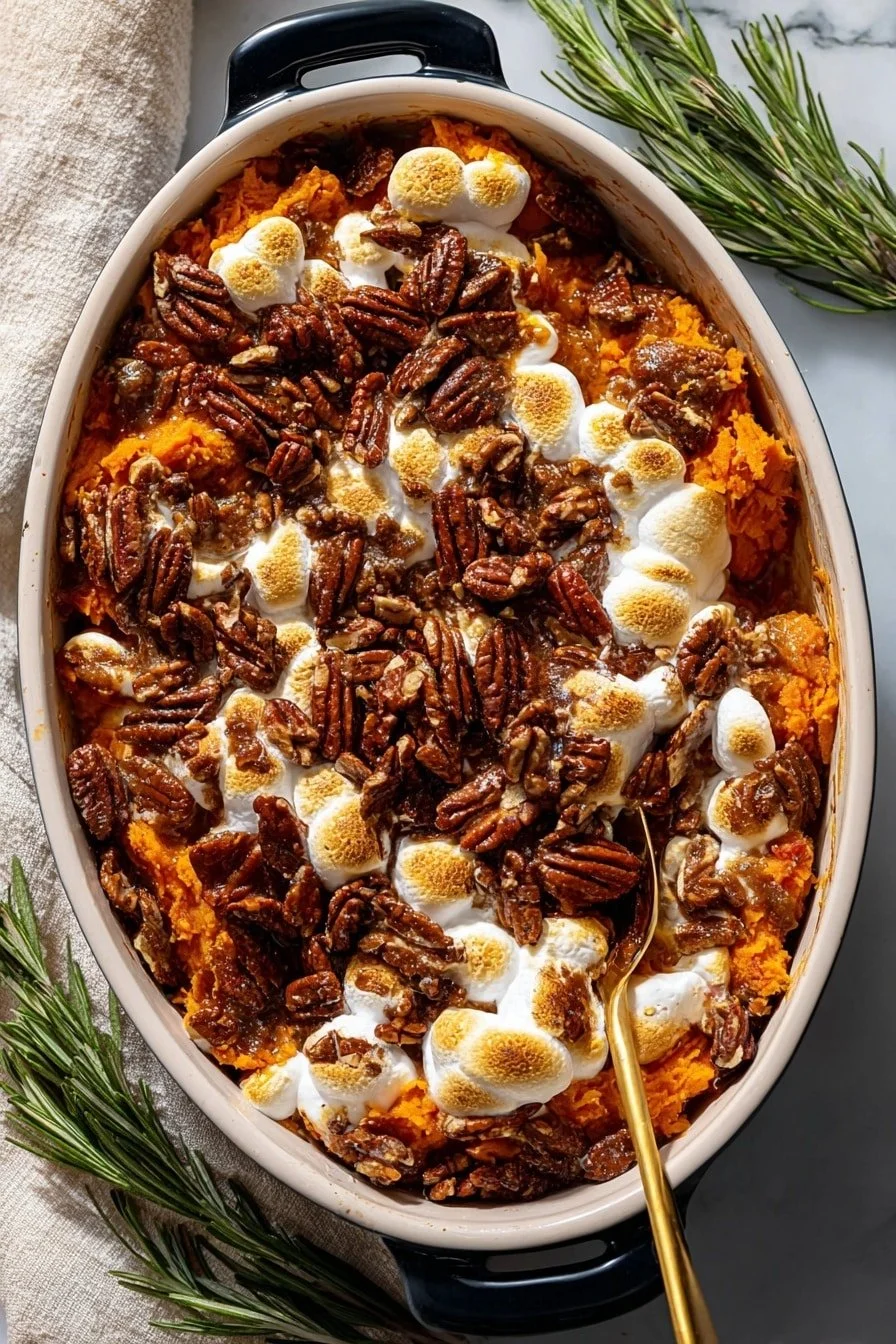 Sweet potato maple casserole with raisins and pecan topping served in a dish