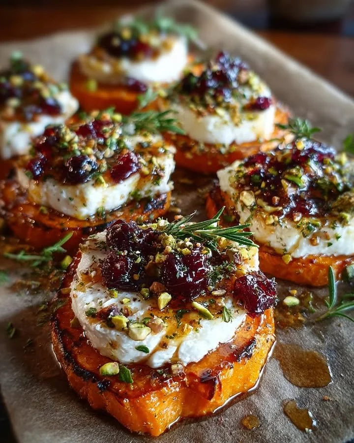Sweet potato rounds topped with brie, cranberry-honey glaze, and pistachio crunch.