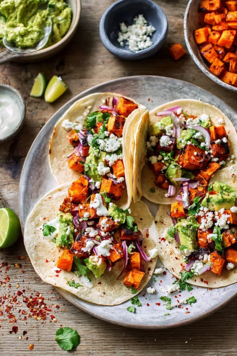 Delicious and nutritious sweet potato tacos served on a plate with toppings.