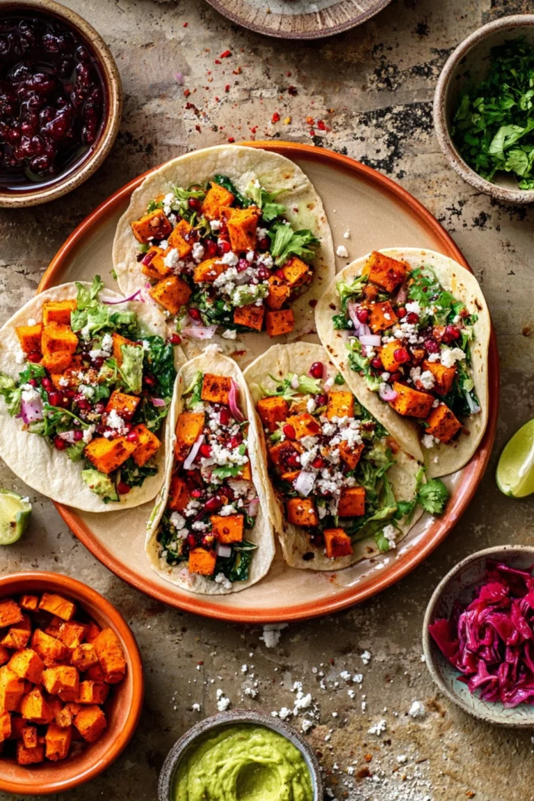 Plate of vibrant sweet potato tacos topped with fresh avocado and cilantro