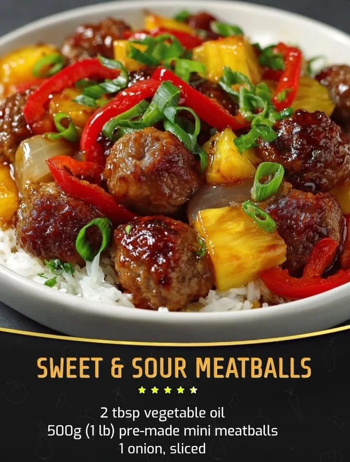Plate of sweet sour meatballs served with rice and vegetables