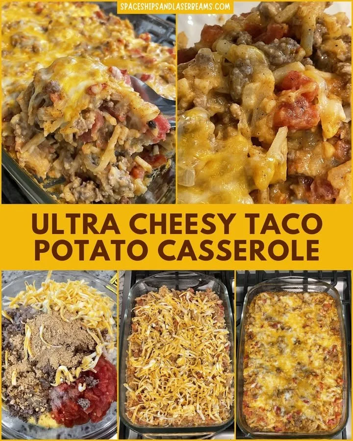 Taco Potato Casserole topped with cheese and fresh ingredients in a baking dish