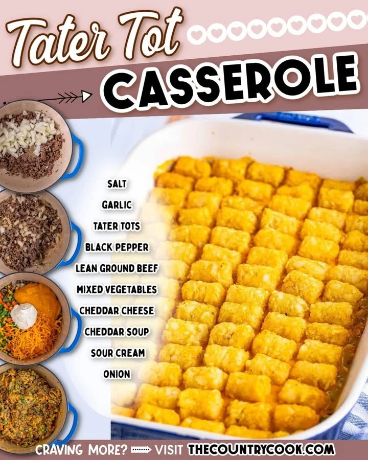 Delicious Tater Tot Casserole baked to perfection with crispy tots on top.