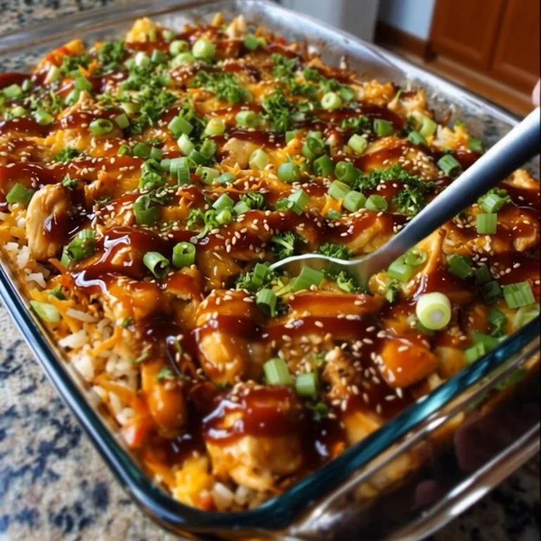 Delicious teriyaki chicken casserole served in a baking dish
