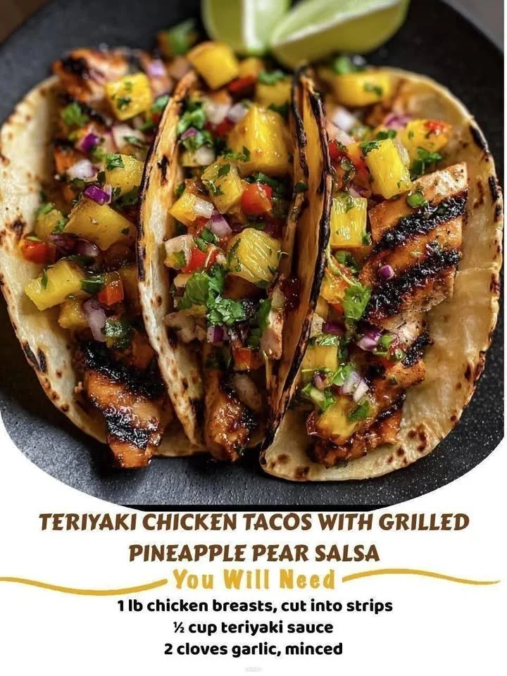 Teriyaki chicken tacos served with grilled pineapple pear salsa on a plate
