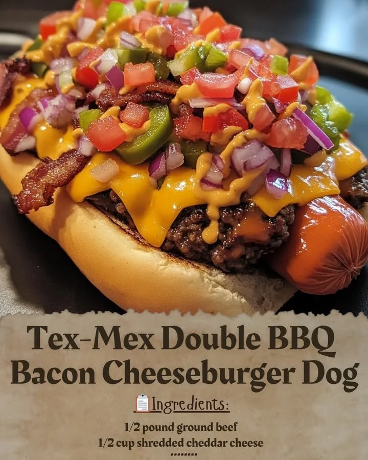 Tex-Mex Double BBQ Bacon Cheeseburger Dog with toppings