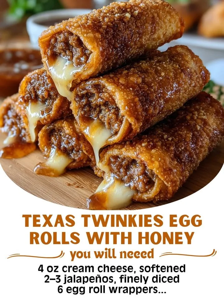 Texas Twinkies Egg Rolls drizzled with honey on a wooden platter