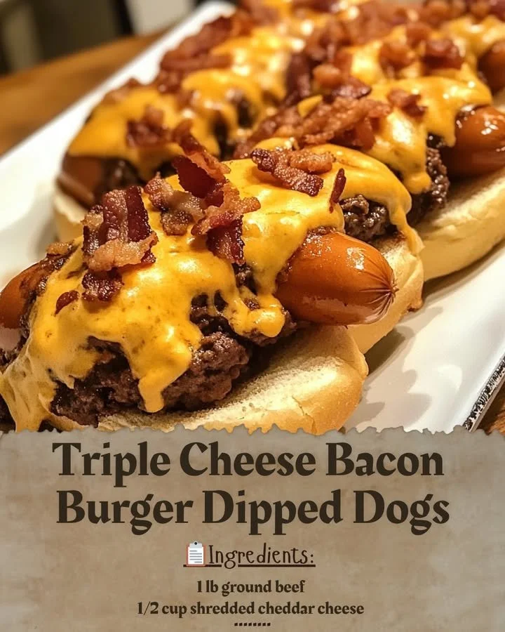Triple Cheese Bacon Burger Dipped Dogs with melted cheese and crispy bacon