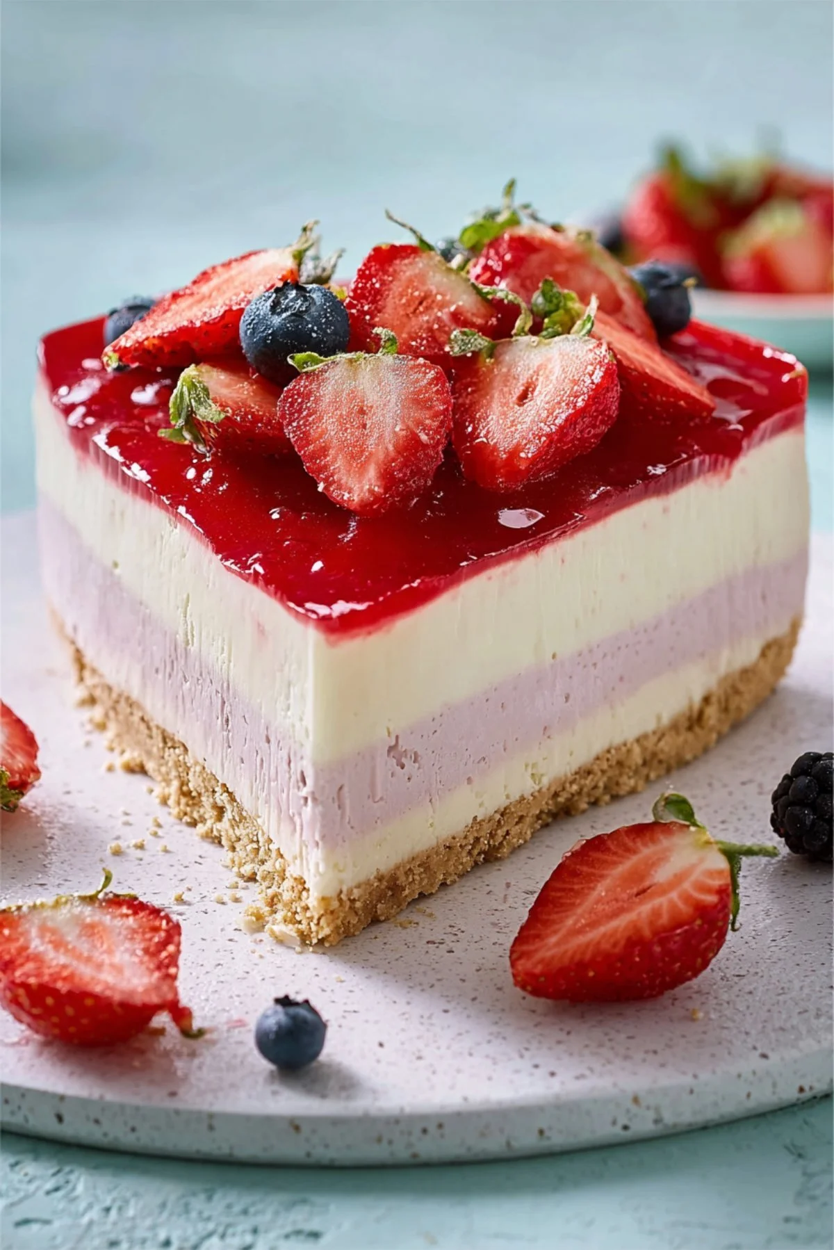 Triple-layered Berry Cheesecake topped with fresh berries and whipped cream