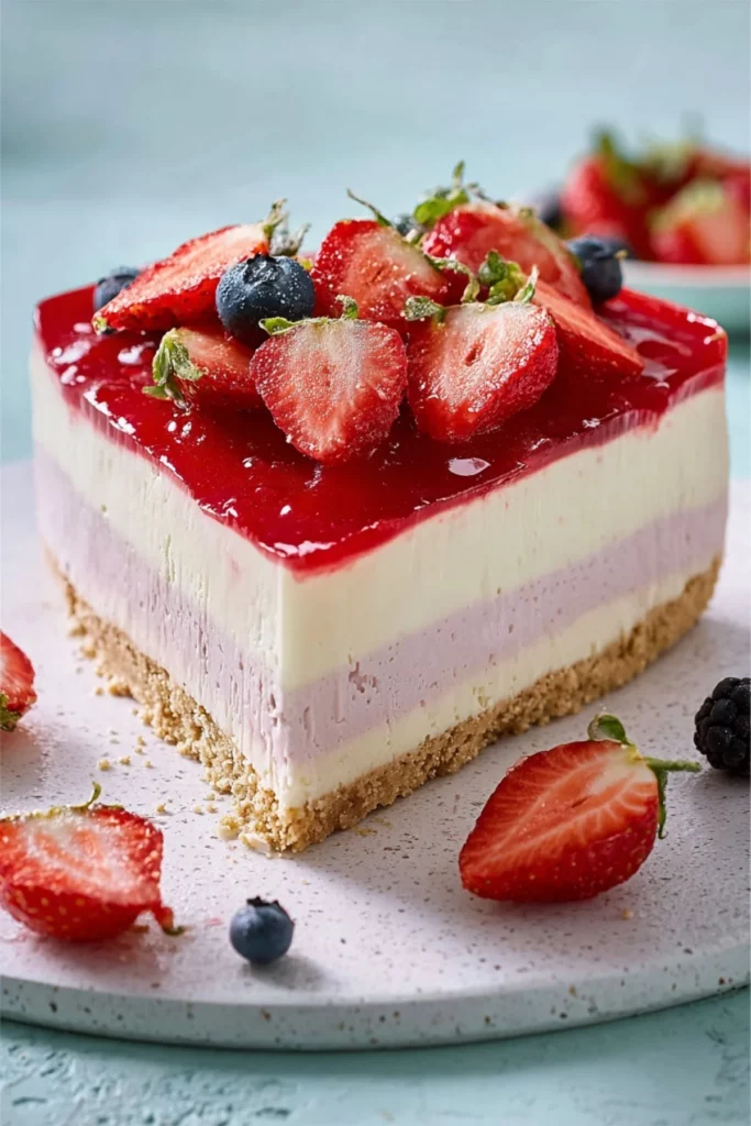 Triple-layered berry cheesecake with fresh berries and creamy layers