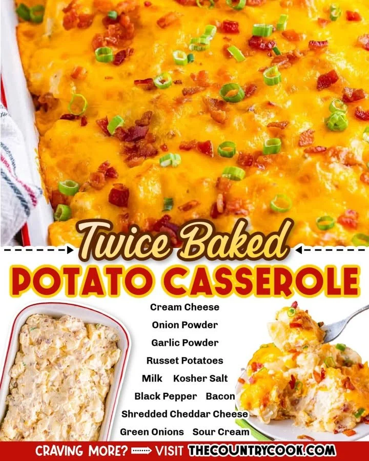 Delicious twice baked potato casserole topped with cheese and chives