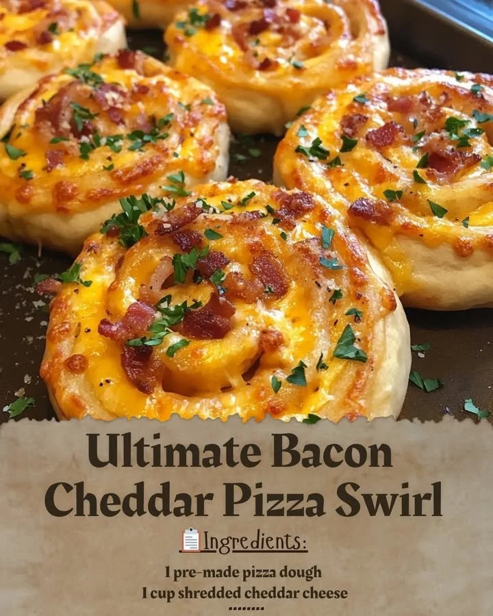 Ultimate Bacon Cheddar Pizza Swirl topped with crispy bacon and melted cheddar