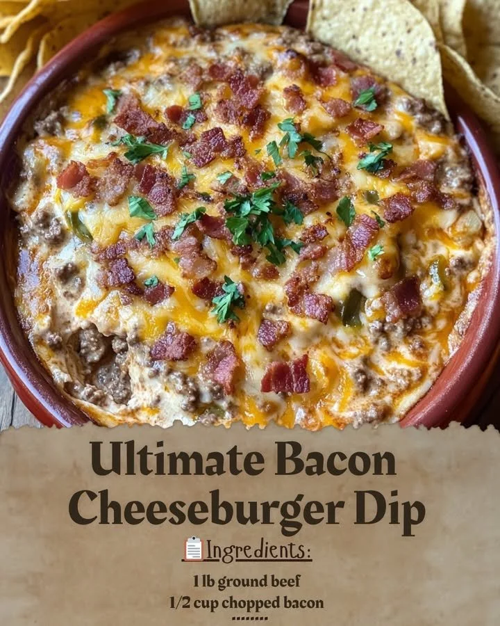 Delicious Bacon Cheeseburger Dip served in a bowl with toppings