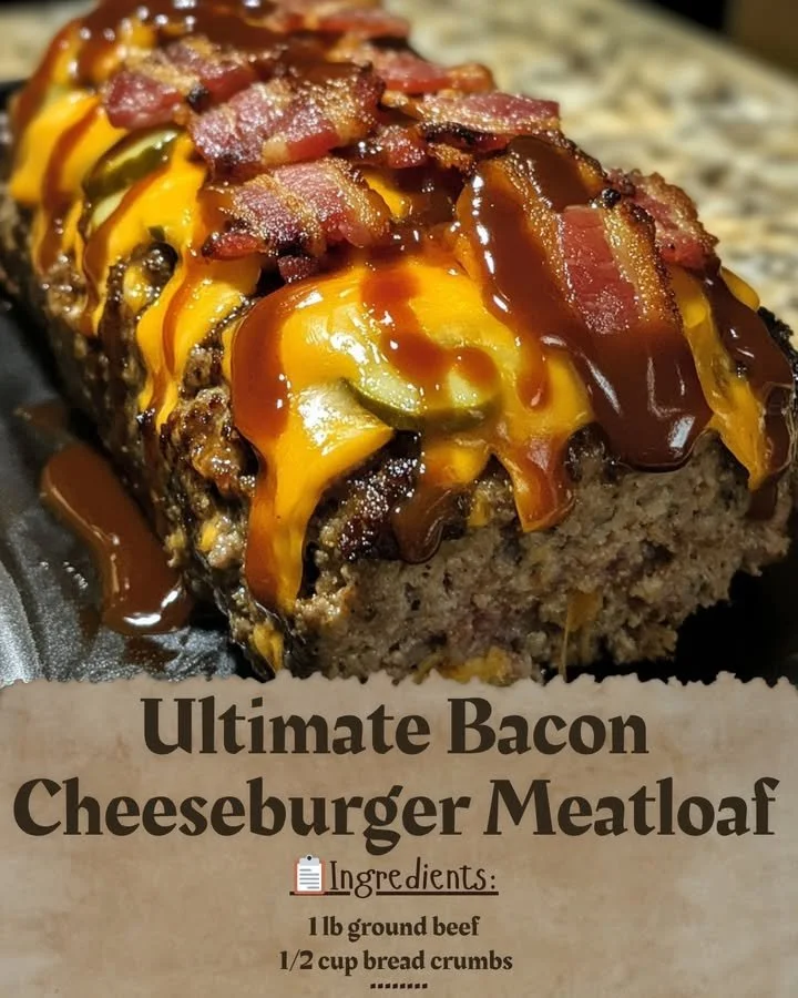 Deliciously layered Bacon Cheeseburger Meatloaf topped with cheese and bacon