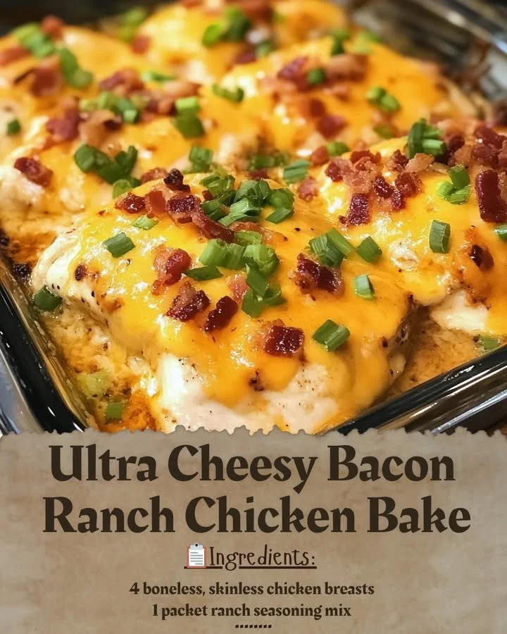 Ultra Cheesy Bacon Ranch Chicken Bake with crispy bacon and creamy sauce
