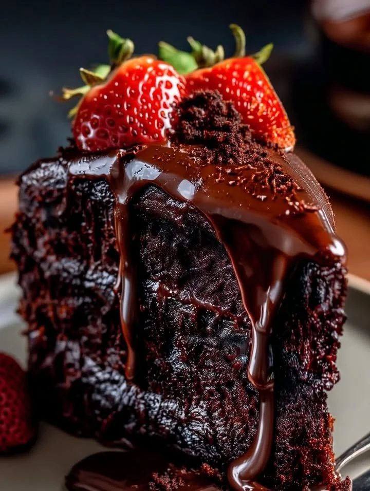 Delicious ultra moist and pudgy chocolate cake topped with rich chocolate icing.