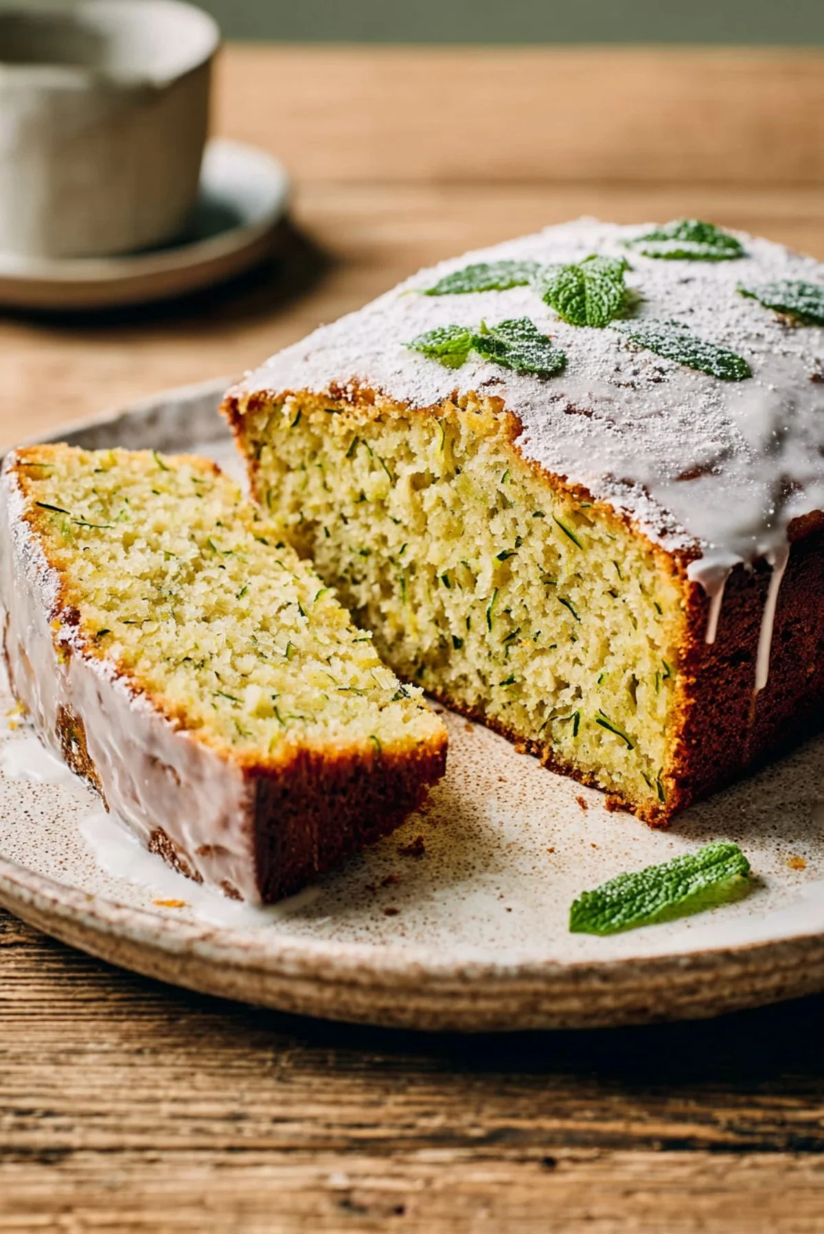A slice of moist vegan zucchini cake topped with frosting and garnished with walnuts