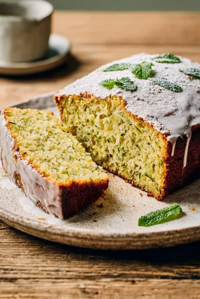 Delicious vegan zucchini cake topped with nuts and frosting on a wooden table