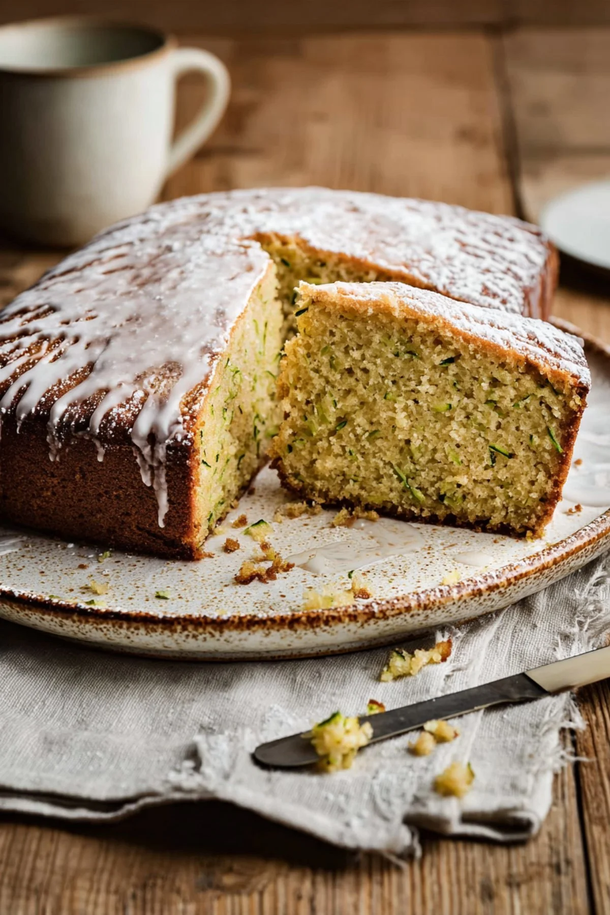 Delicious vegan zucchini cake topped with frosting and fresh zucchini slices.