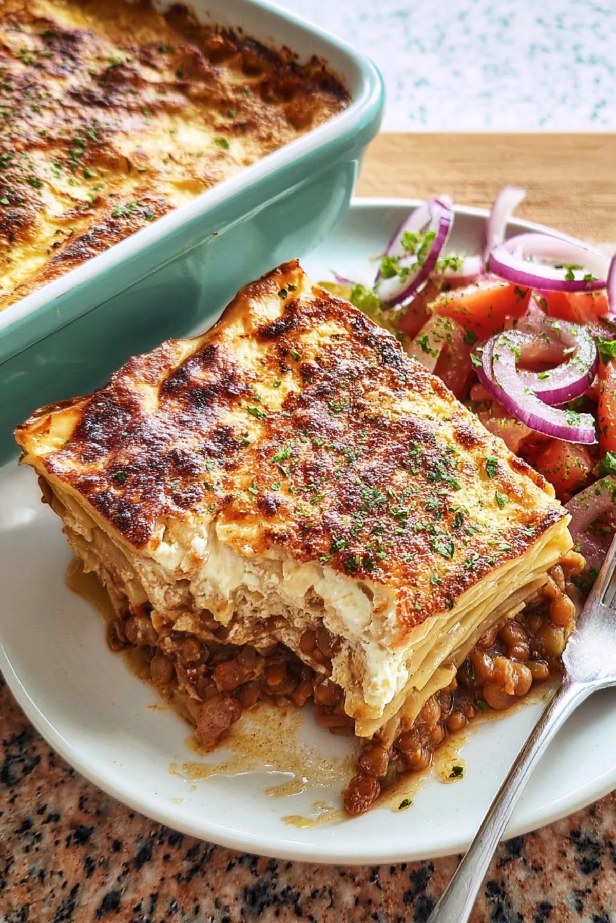 Delicious vegetarian pastitsio served in a baking dish, showcasing layers of pasta and vegetables.