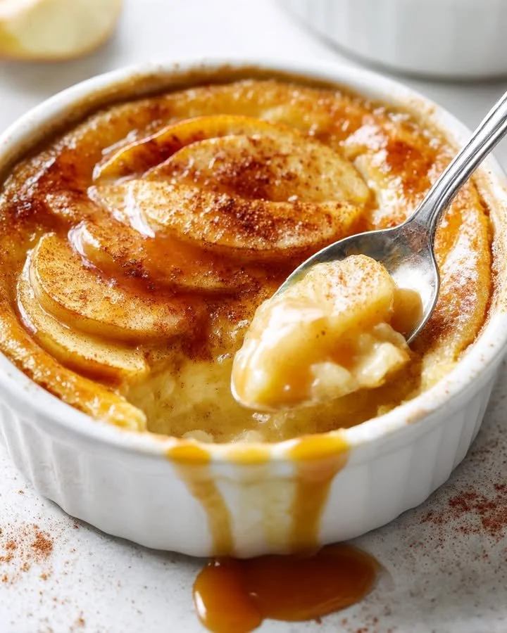 Warm apple custard bliss cups topped with cinnamon and fresh apple slices.