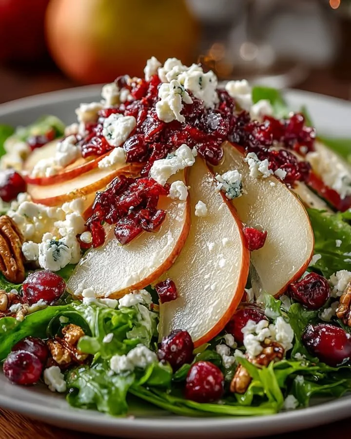 Warm Pear Cranberry Salad with blue cheese and walnuts served on a plate