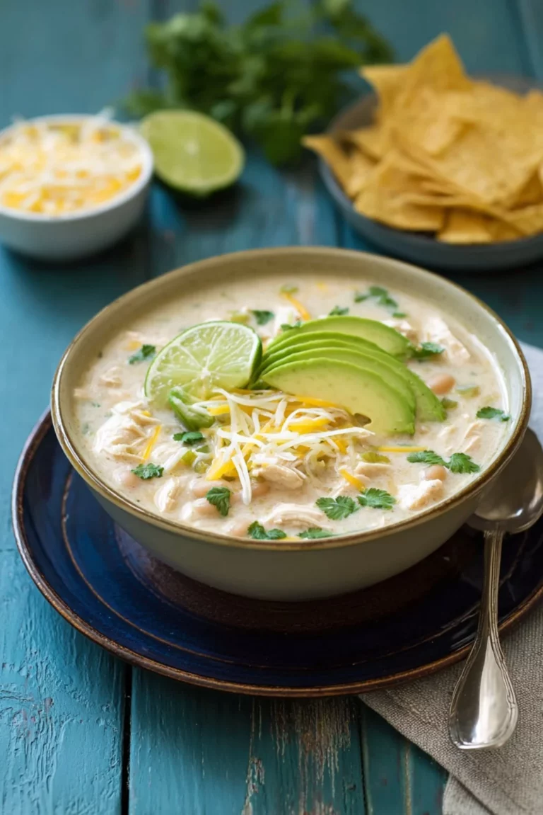 Bowl of creamy White Chicken Chili topped with cilantro and lime