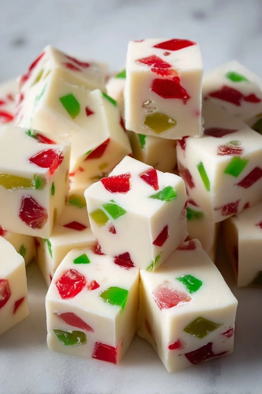 Delicious white chocolate candy squares on a marble background