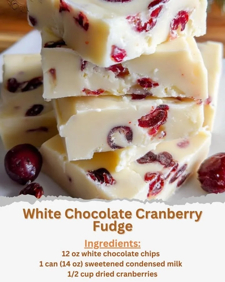 Delicious white chocolate cranberry fudge squares on a wooden platter