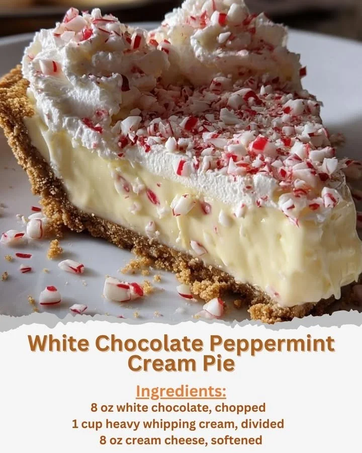 White Chocolate Peppermint Cream Pie garnished with peppermint and chocolate shavings