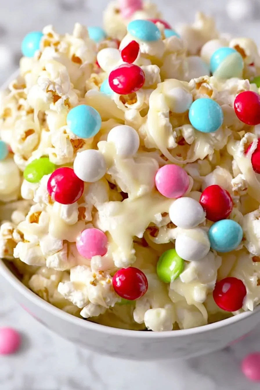 Delicious homemade white chocolate popcorn ready for snacking