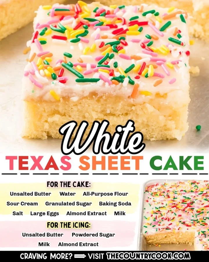 Delicious slice of White Texas Sheet Cake topped with creamy frosting