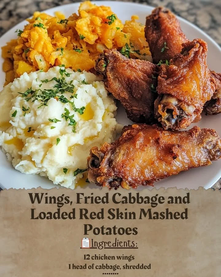Plate of wings served with fried cabbage and loaded red skin mashed potatoes